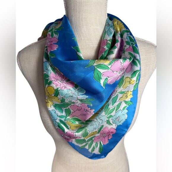 Boutique Blue Floral Silky Shawl Wrap Scarve - Picture 1 of 7
